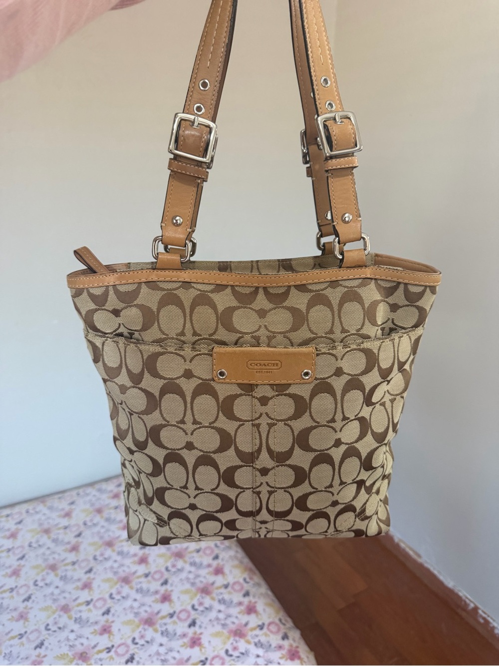 COACH Tan Signature Canvas Shoulder Bag with Leather Trim